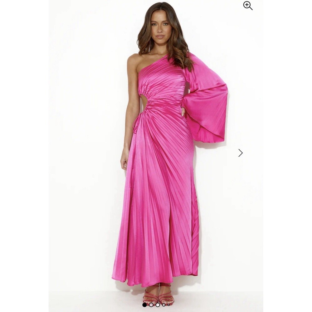 Hello Molly LAND OF BEAUTY ONE SHOULDER MAXI DRESS HOY PINK Sz M Pleaded Prom #6